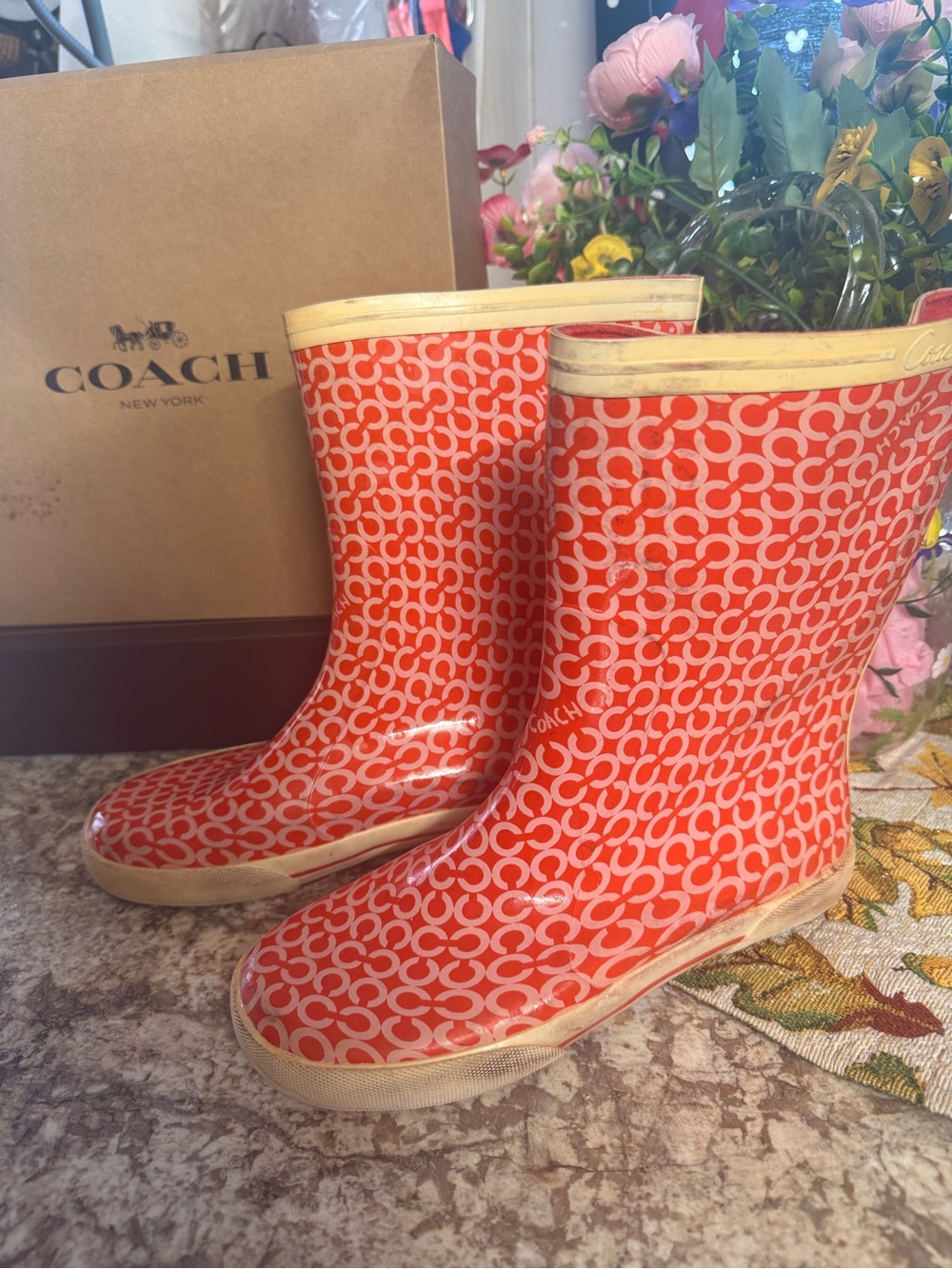 Coach Orange Signature Pattern Rain Boots